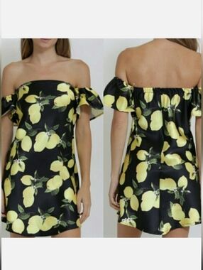 Rosette Lemon Print Off Shoulder Vacation Tropical Mini Dress